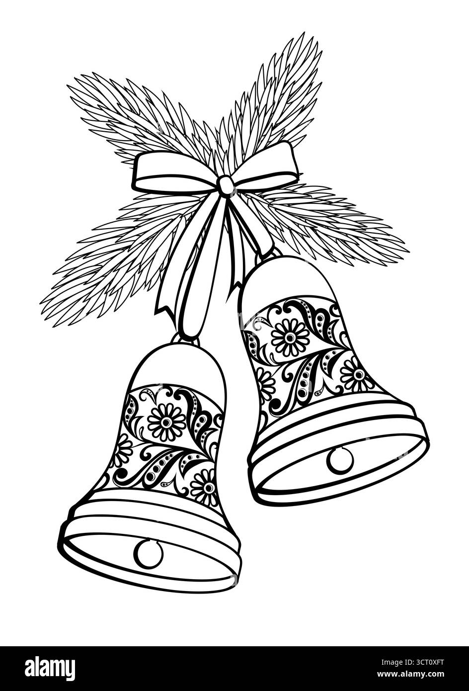 Silhouette bianca e nera di un campana con un design floreale. Appeso su un ramo dell'albero di Natale. Illustrazione Vettoriale