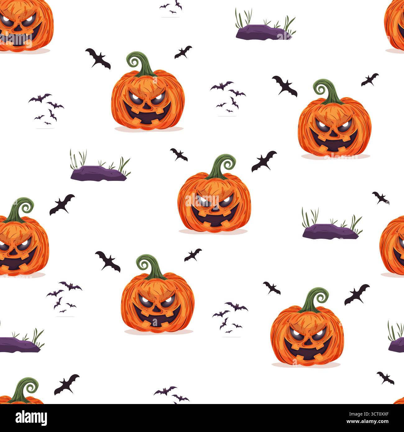 Halloween senza cuciture con zucche, rocce e pipistrelli Illustrazione Vettoriale