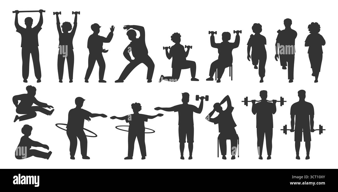 Le persone anziane giocano con il set di silhouette sportive. Personaggi anziani uomini anziani, donne, senor senoras hobby. Adulti anziani che corrono esercizi di fitness, ginnastica, palestra, lezione di cardio yoga, stretching, vettore di jogging Illustrazione Vettoriale