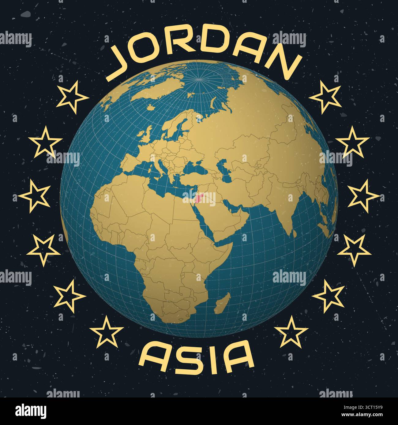 Regno hascemita di Giordania su Globe. Nome del paese testo rotondo. Look vintage con texture graffiata graffiata. Illustrazione Vettoriale