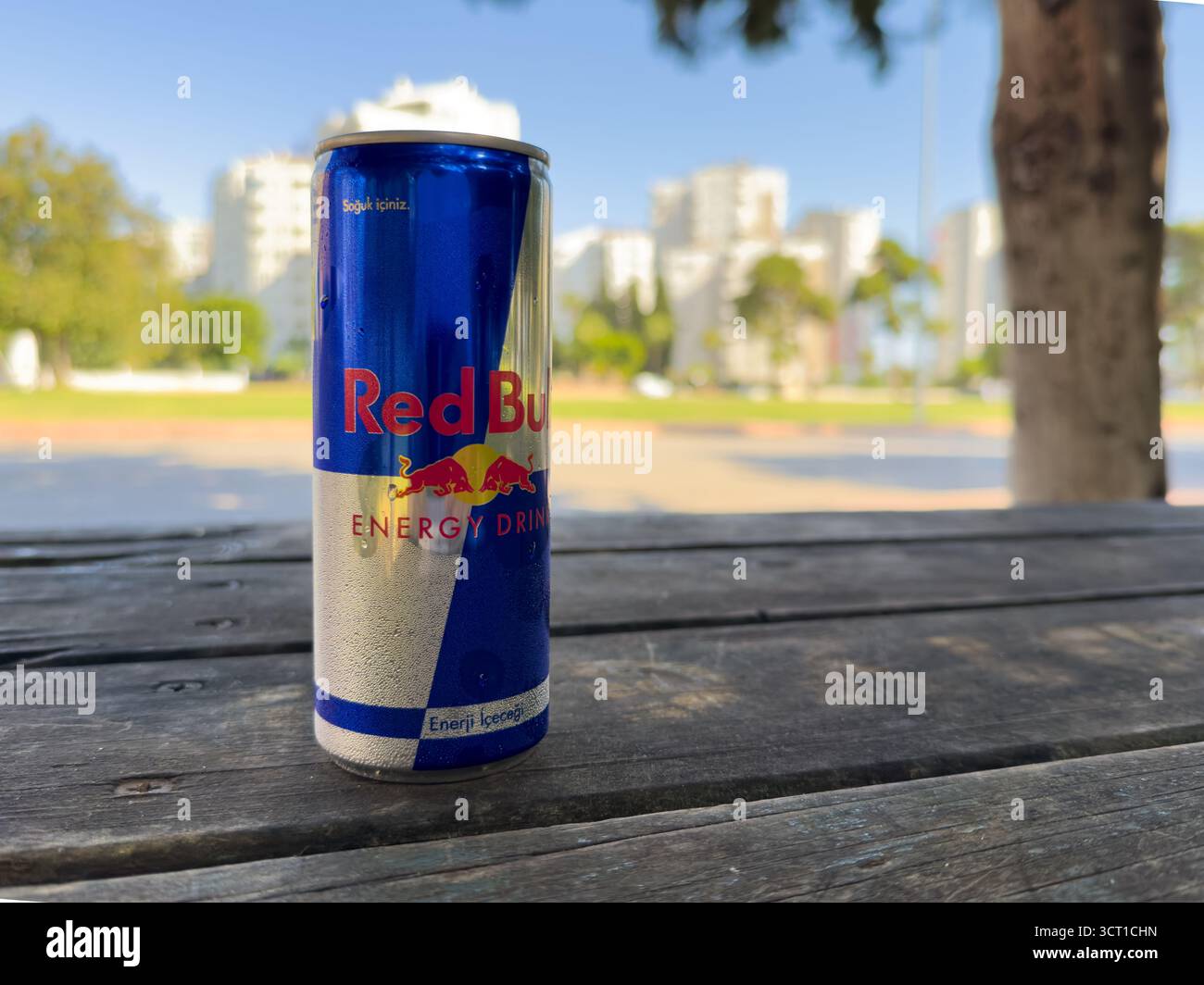 Antalya, Turchia - 26 settembre 2025: La bevanda energetica Red Bull può essere collocata su un tavolo di legno all'aperto Foto Stock