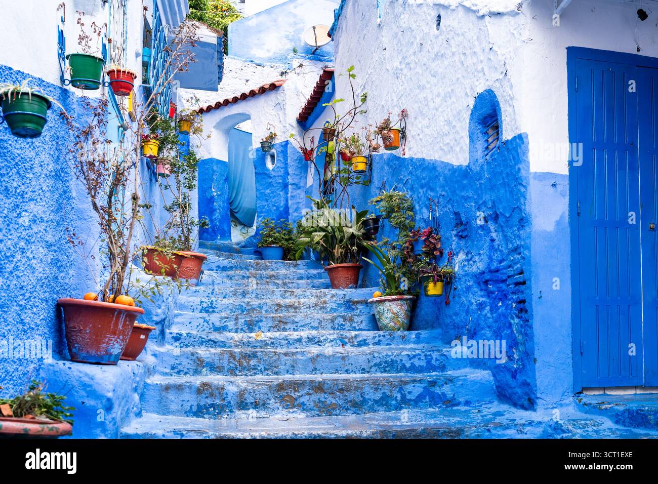 Tangeri, Marocco - 26 marzo 2024: Vasi con piante sui gradini di una scala nella città blu di Chefchaouen in Marocco durante una giornata nuvolosa Foto Stock