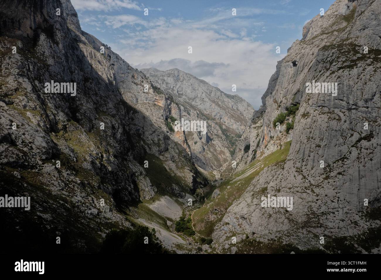 Vista da Bulnes sulla valle di Poncebos e Ruta del Cares, il Parco Nazionale Picos de Europa, Cabrales, Asturie, Spagna Foto Stock