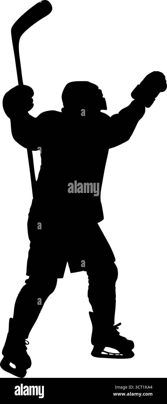 Silhouette del giocatore di hockey che solleva bastone e braccia in una celebrazione della vittoria. Illustrazione vettoriale della silhouette. Illustrazione Vettoriale