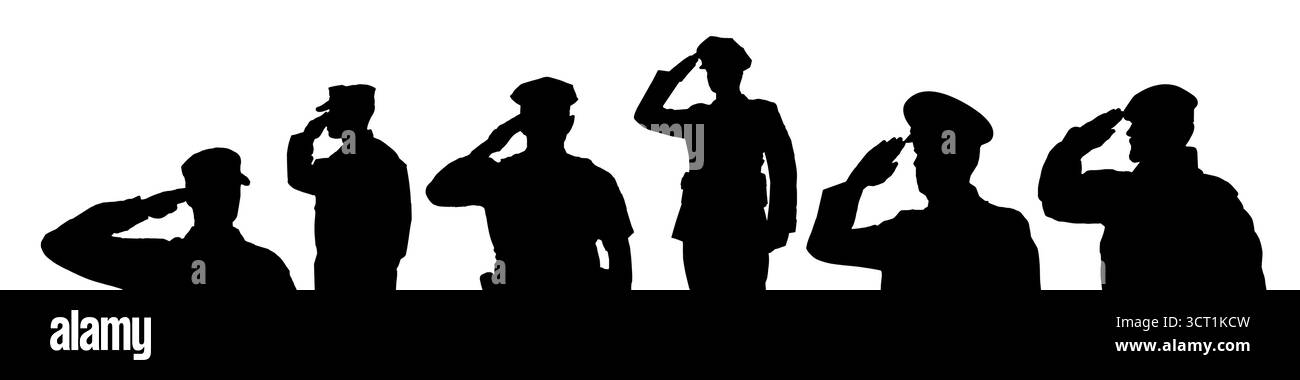 Sagoma degli agenti di polizia e dei soldati che stanno all'attenzione e salutano Illustrazione Vettoriale