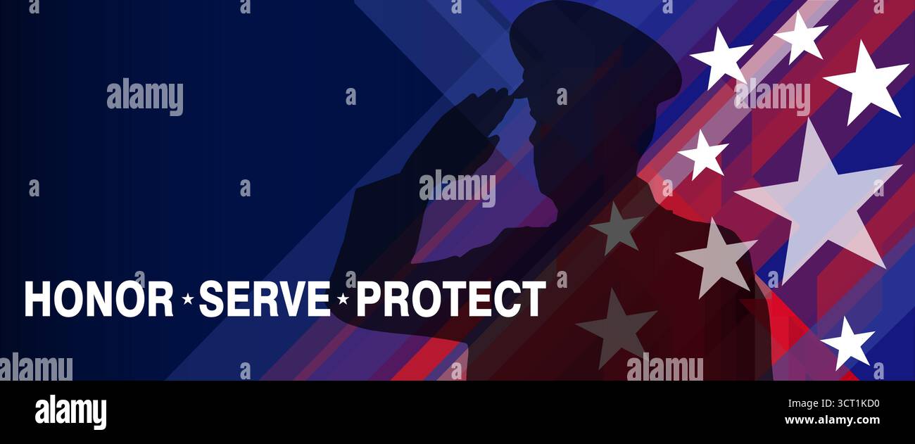 Silhouette di un soldato americano che saluta una bandiera stilizzata degli stati uniti con le parole Honor, serve, Protect Illustrazione Vettoriale
