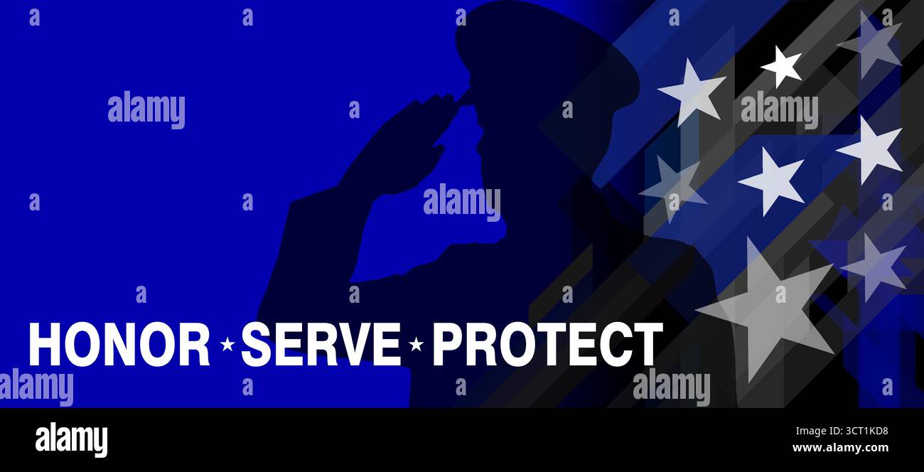 Silhouette di poliziotto che saluta con bandiera americana e testo sovrapposto onore, servire, proteggere Illustrazione Vettoriale