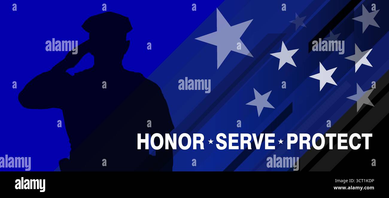 Silhouette di poliziotto che saluta con stelle e strisce con onore, serve, protegge la sovrapposizione di testo Illustrazione Vettoriale