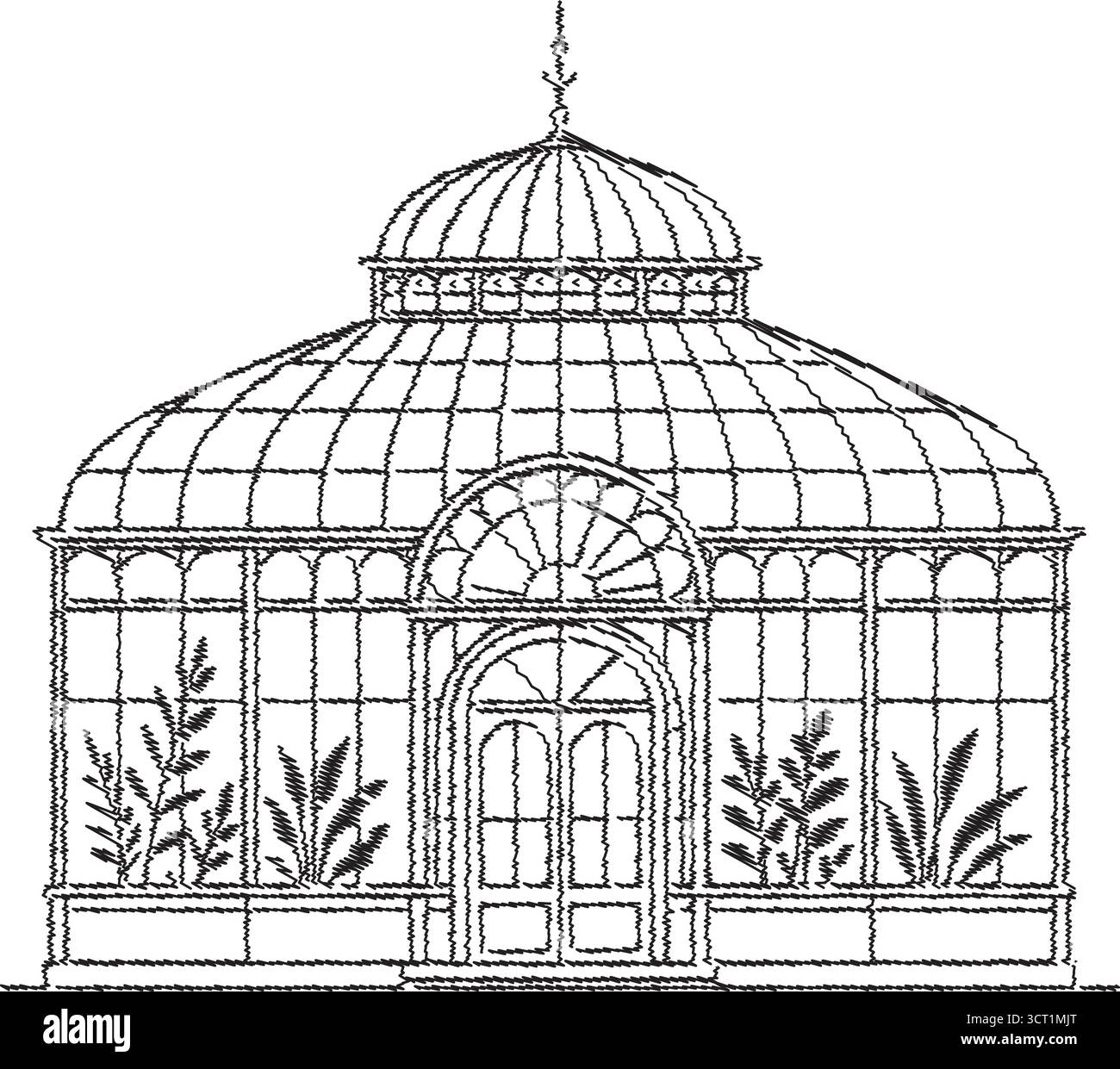 Una grande facciata a cupola della serra mostra ornati in metallo grandi pannelli e piante interne visibili attraverso le finestre Illustrazione Vettoriale