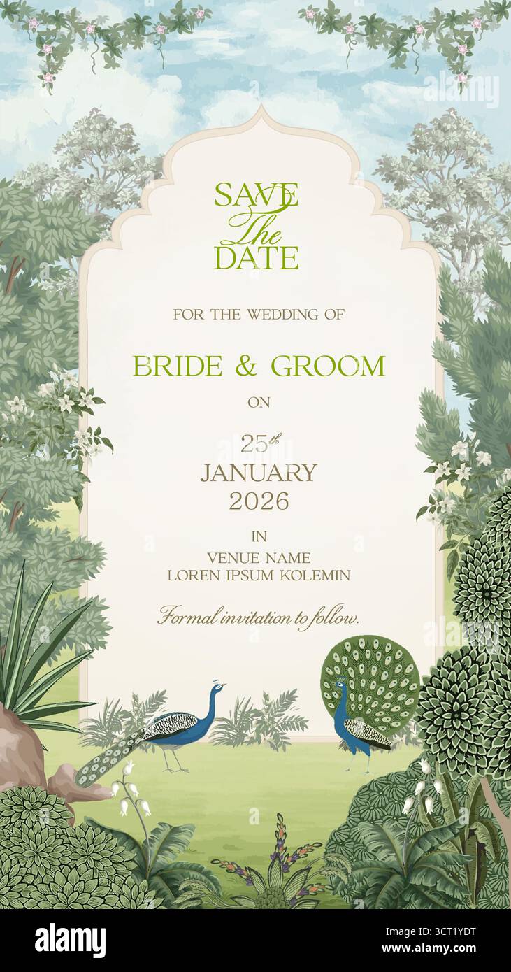 Incantevole scenario di giardino moghul con maestosi pavoni, perfetto per eleganti inviti digitali, salvi la data, il matrimonio e il design stampato Illustrazione Vettoriale