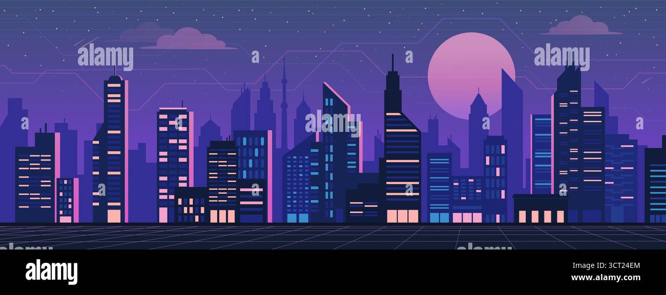 Futuristico sfondo notturno dello skyline cittadino a onde vaporose con griglia prospettica Illustrazione Vettoriale