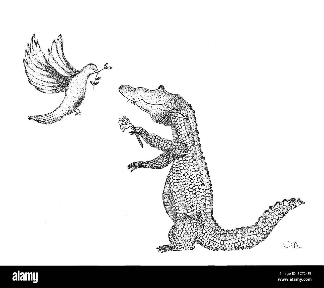 Pace e amore - illustrazione di un coccodrillo amichevole e dove. Disegnato con penna fineliner. Foto Stock