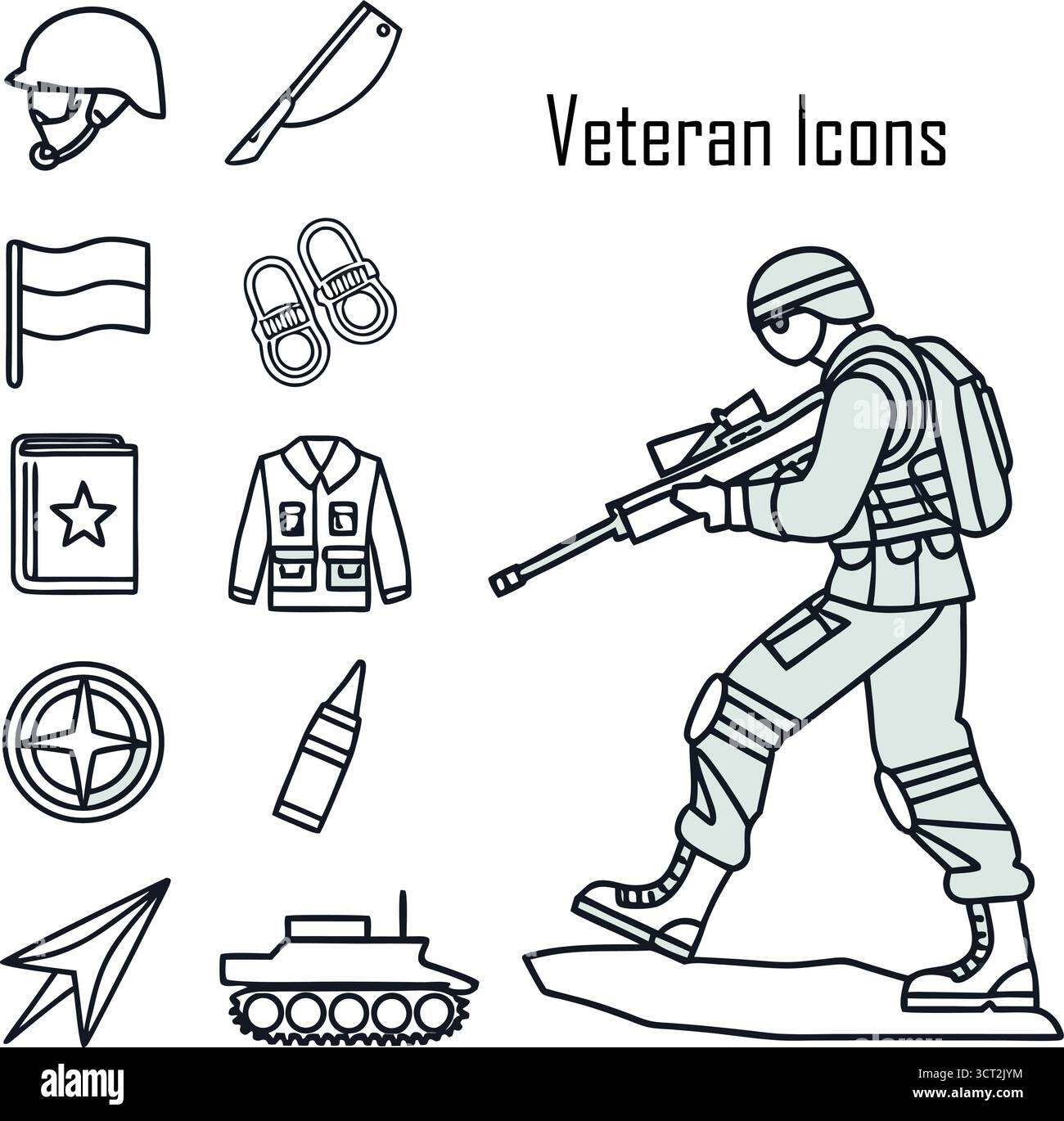 Orgoglioso veterano militare che indossa uniformi e medaglie all'aperto, simbolo di onore, coraggio e patriottismo Illustrazione Vettoriale