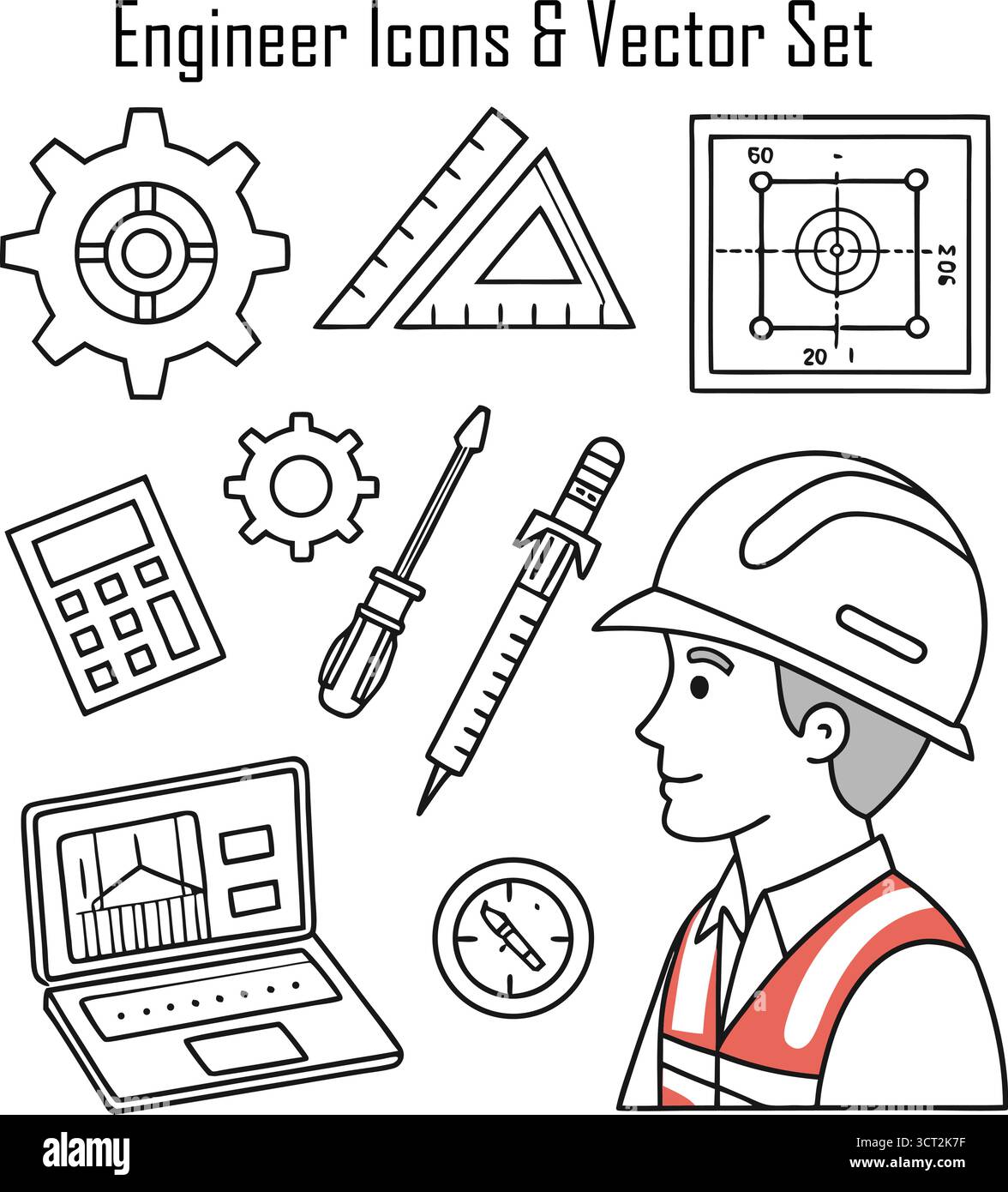 Ingegnere professionista che indossa un casco di sicurezza e tiene in mano un progetto in un cantiere, concetto di lavoro industriale e tecnico Illustrazione Vettoriale