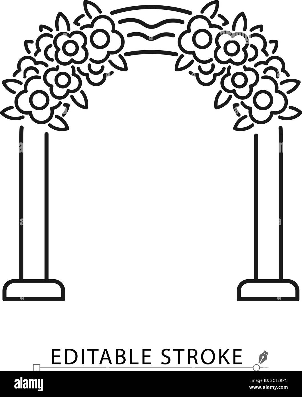 Icona di un arco nuziale in stile minimalista con tratto modificabile. Decorazione di cerimonie floreali, cancello per la celebrazione di matrimoni, altare romantico per eventi Illustrazione Vettoriale