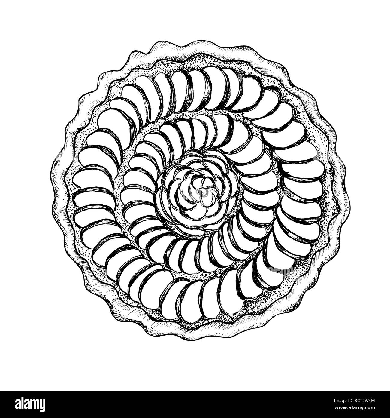 Una torta di mele a inchiostro bianco e nero. Crostata di frutta o schizzo di torta. Arte della linea di prodotti da forno. Cibo dolce. Dessert. Clipart del Ringraziamento. Inchiostro disegnato a mano Foto Stock