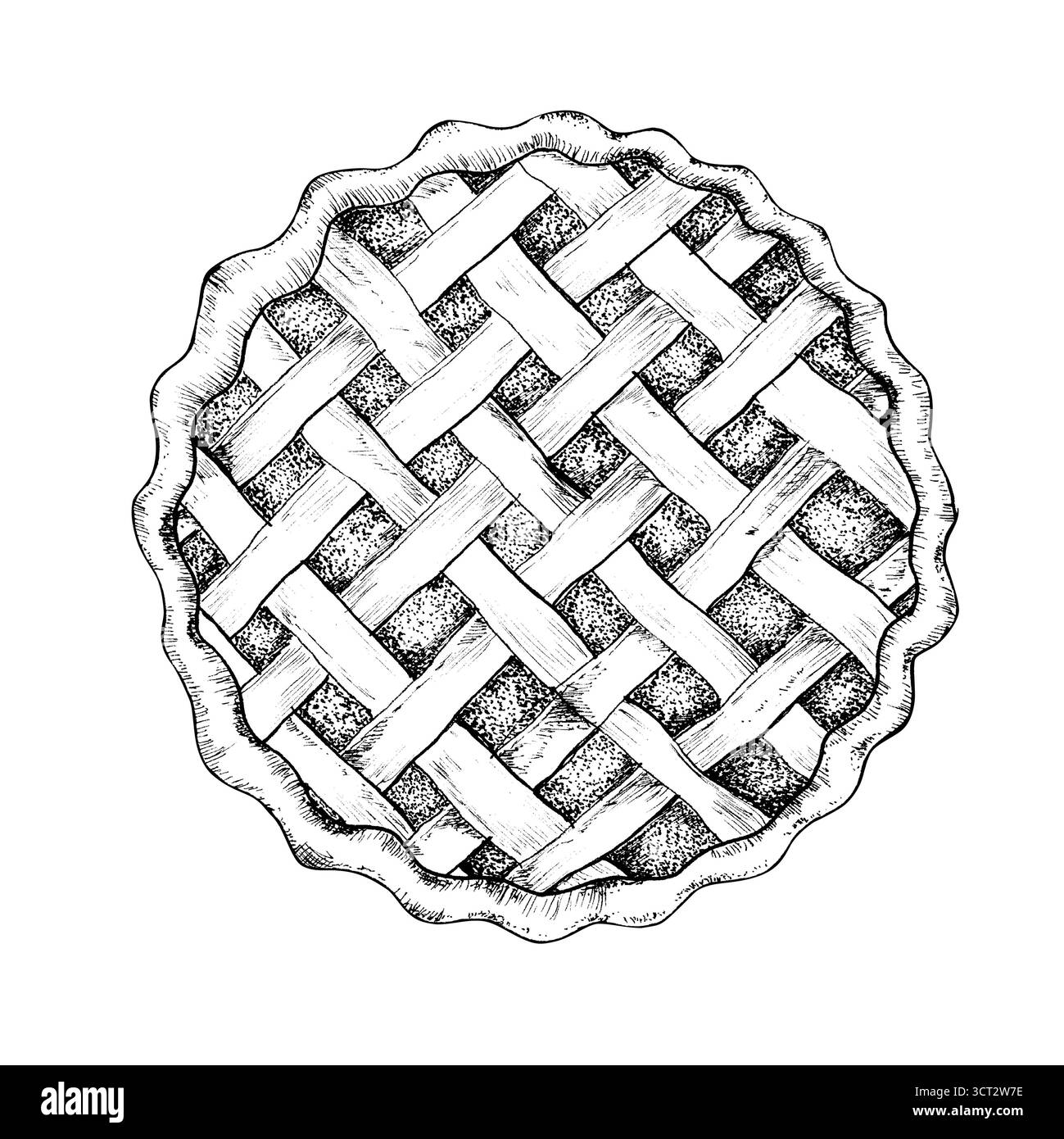 Disegno a inchiostro bianco e nero della torta di frutti di bosco. Crostata autunnale o schizzo di torta. Arte della linea di prodotti da forno. Cibo dolce. Dessert. Clipart del Ringraziamento. Inchiostro tirato a mano Foto Stock