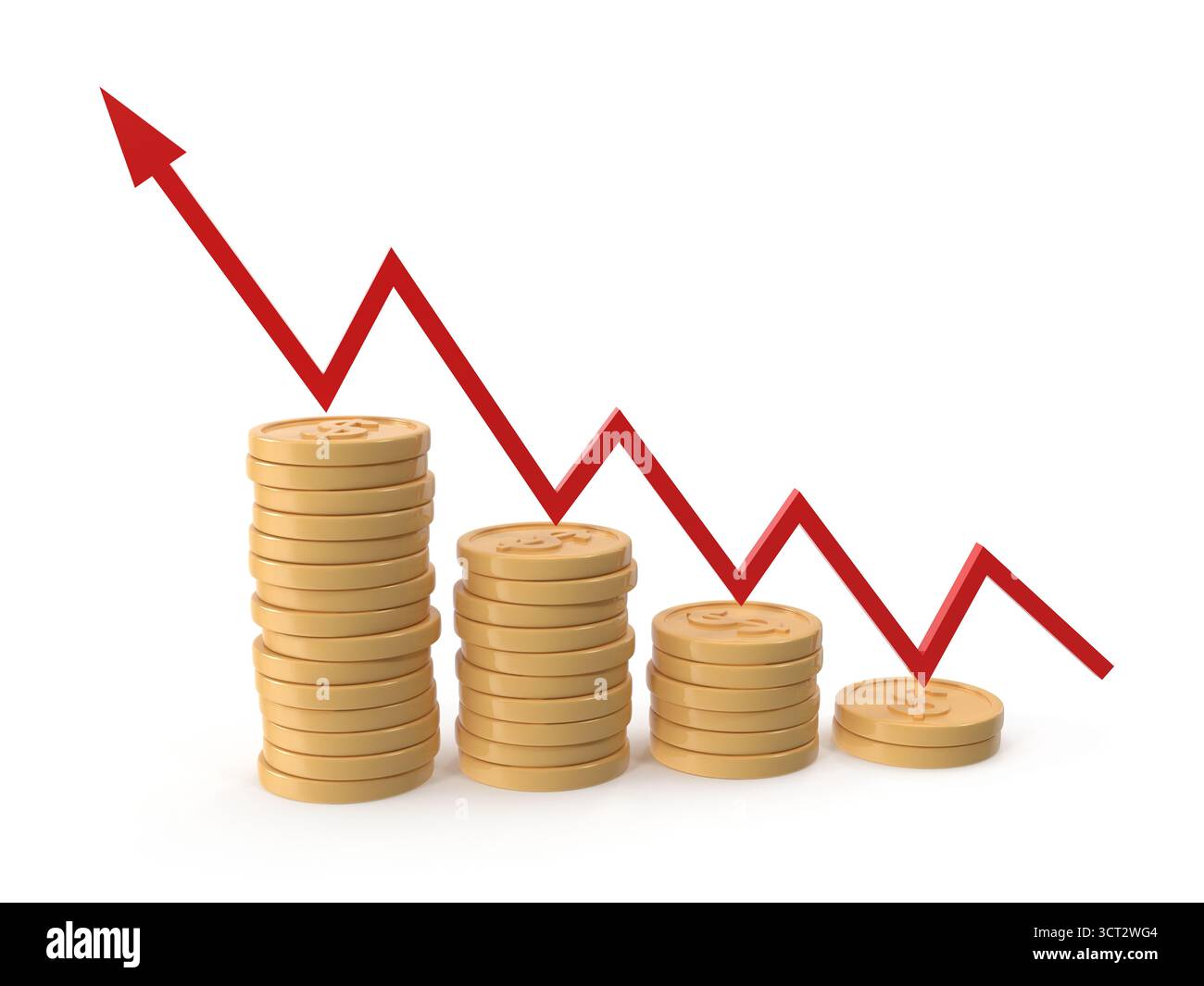 Concetto di recessione finanziaria Stack di monete con valore decrescente, contrassegnato da una linea di tendenza rossa. Foto Stock