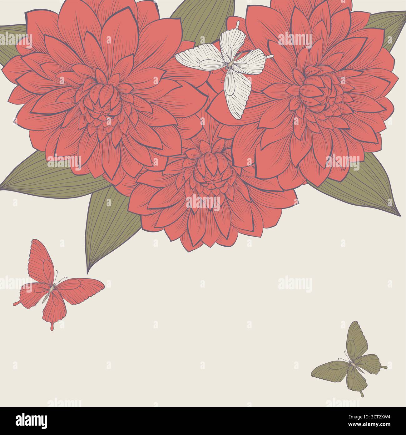 bellissimo sfondo con fiori dahlia e farfalle Illustrazione Vettoriale