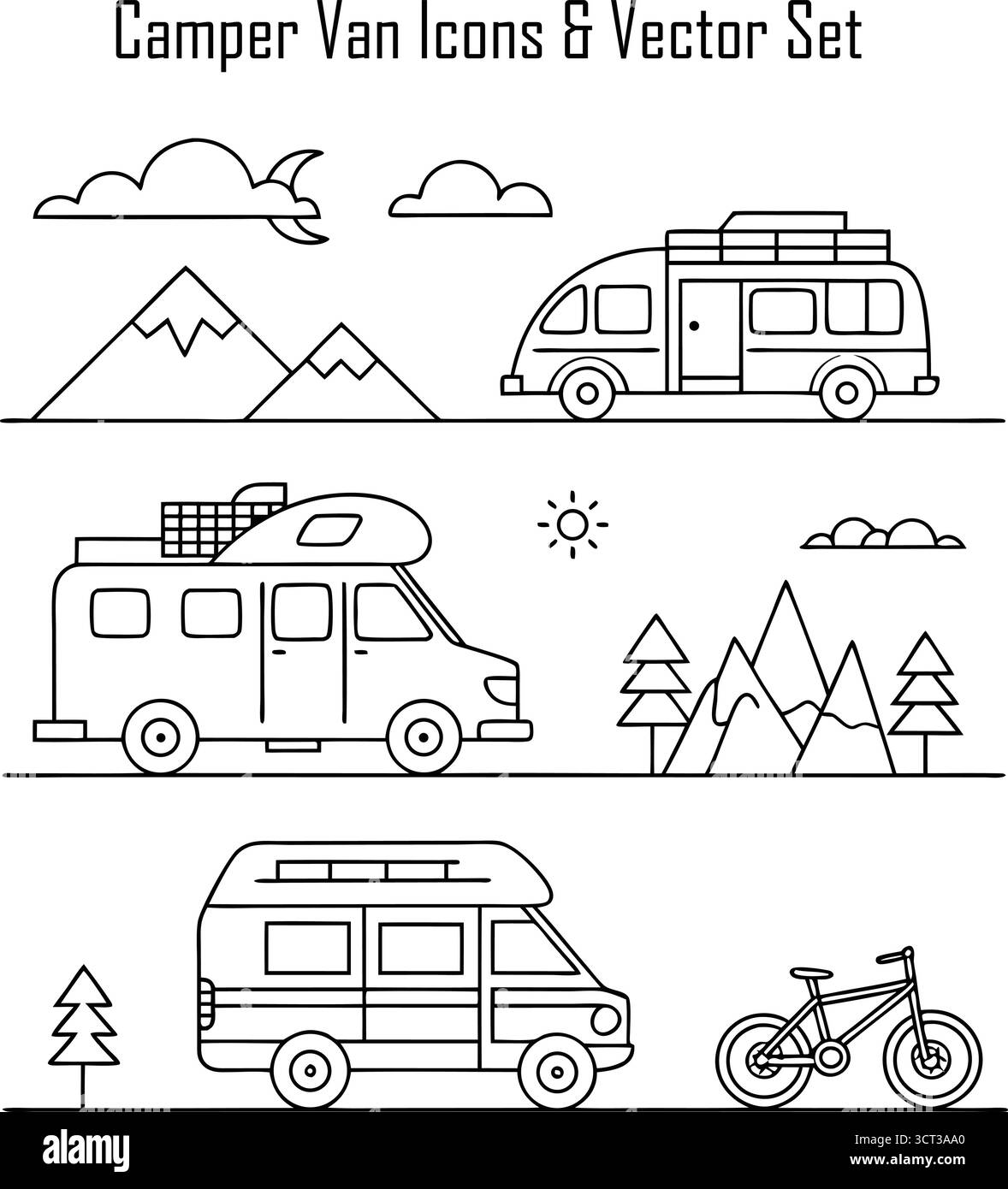 Camper parcheggiato in un ambiente naturale panoramico, viaggio su strada e avventura all'aperto Illustrazione Vettoriale