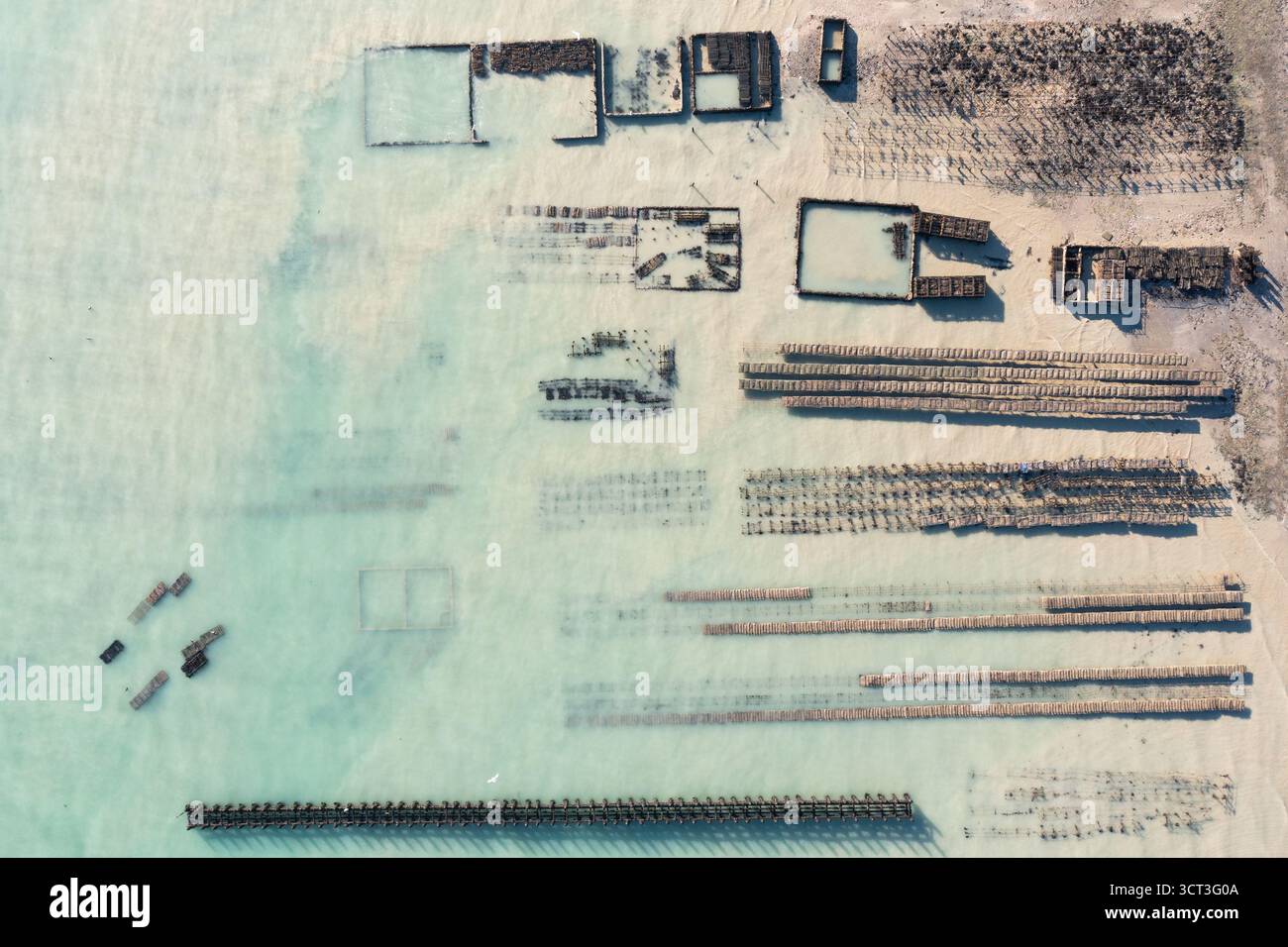 Vista aerea dei letti di ostriche di Cancale in Bretagna Foto Stock