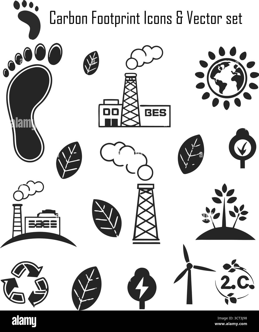 Set di icone Carbon Footprint: Raccolta vettoriale ecologica, sostenibile e di consapevolezza ambientale Illustrazione Vettoriale