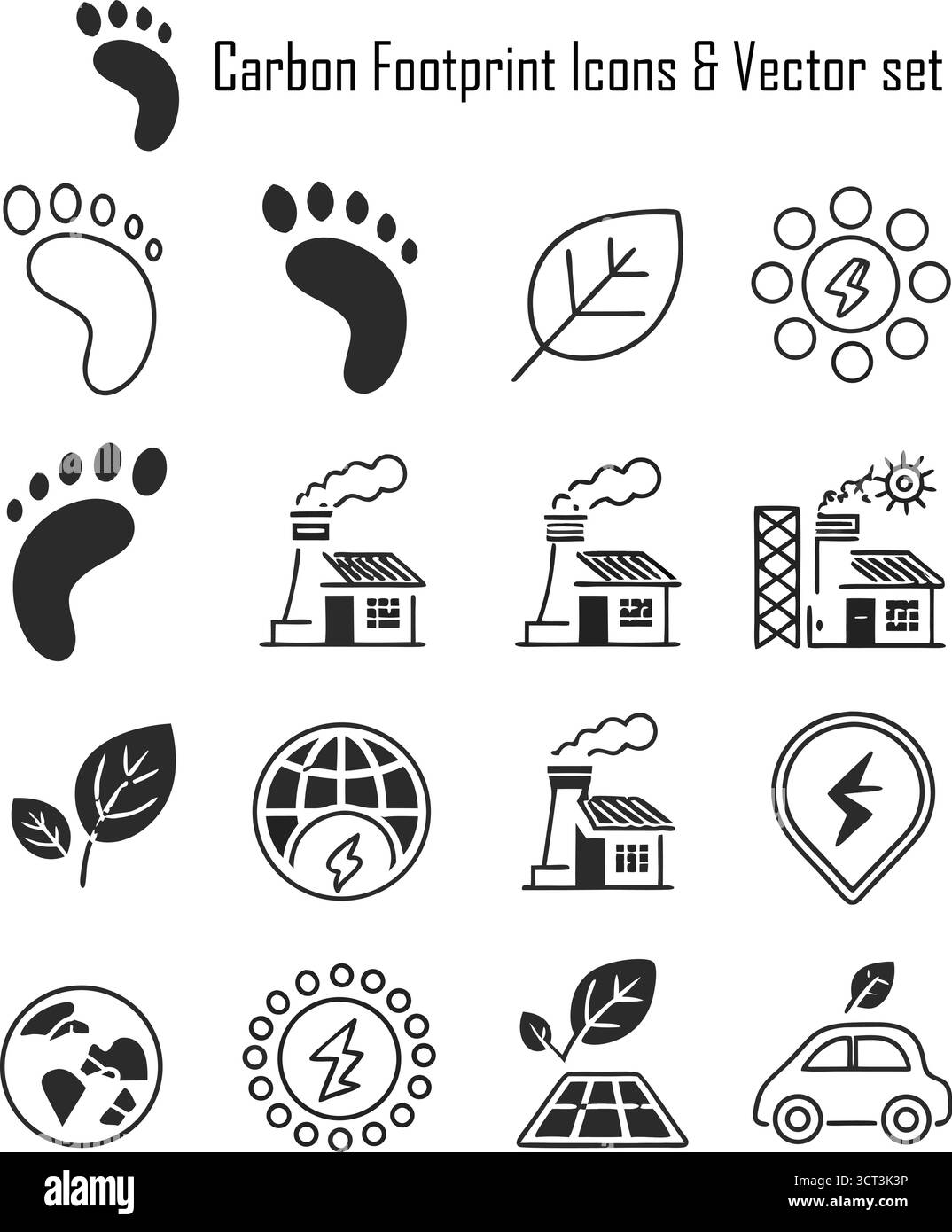 Set di icone Carbon Footprint: Raccolta vettoriale ecologica, sostenibile e di consapevolezza ambientale Illustrazione Vettoriale