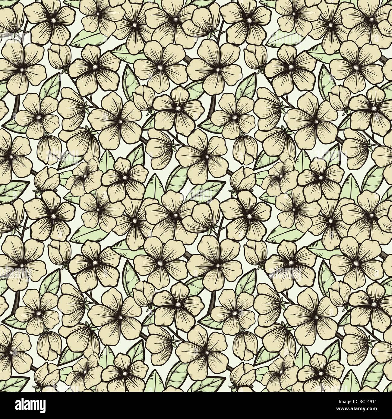 Sfondo senza cuciture con rami di alberi in fiore in bianco e nero Illustrazione Vettoriale