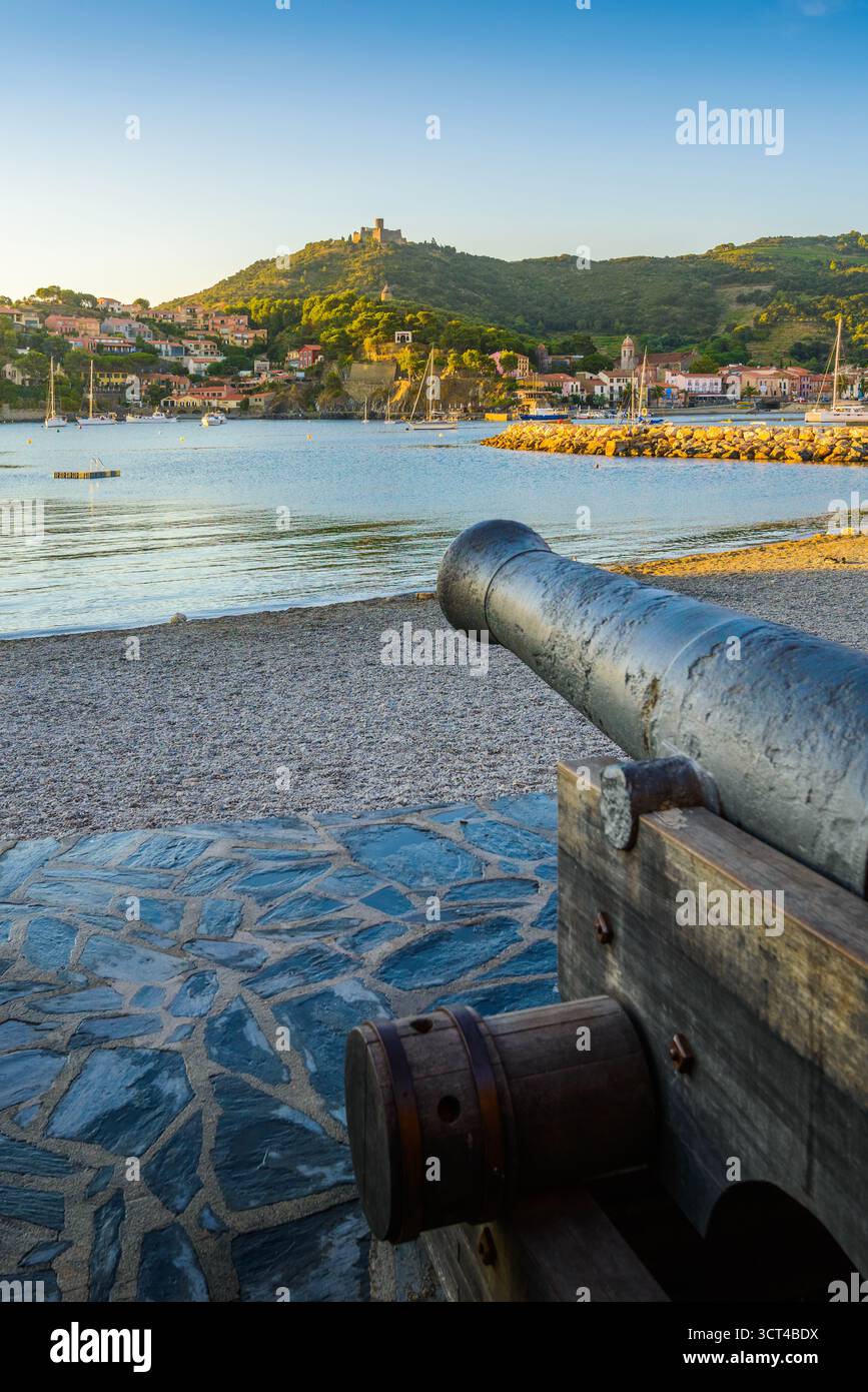 Città e porto di Collioure con barche e luci mattutine all'Occitanie in Francia Foto Stock
