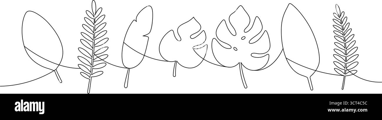 Foglie tropicali in stile minimalista con linea continua. Arte botanica astratta, ideale per stampe moderne, decorazioni murali e progetti grafici a tema estivo. Illustrazione Vettoriale