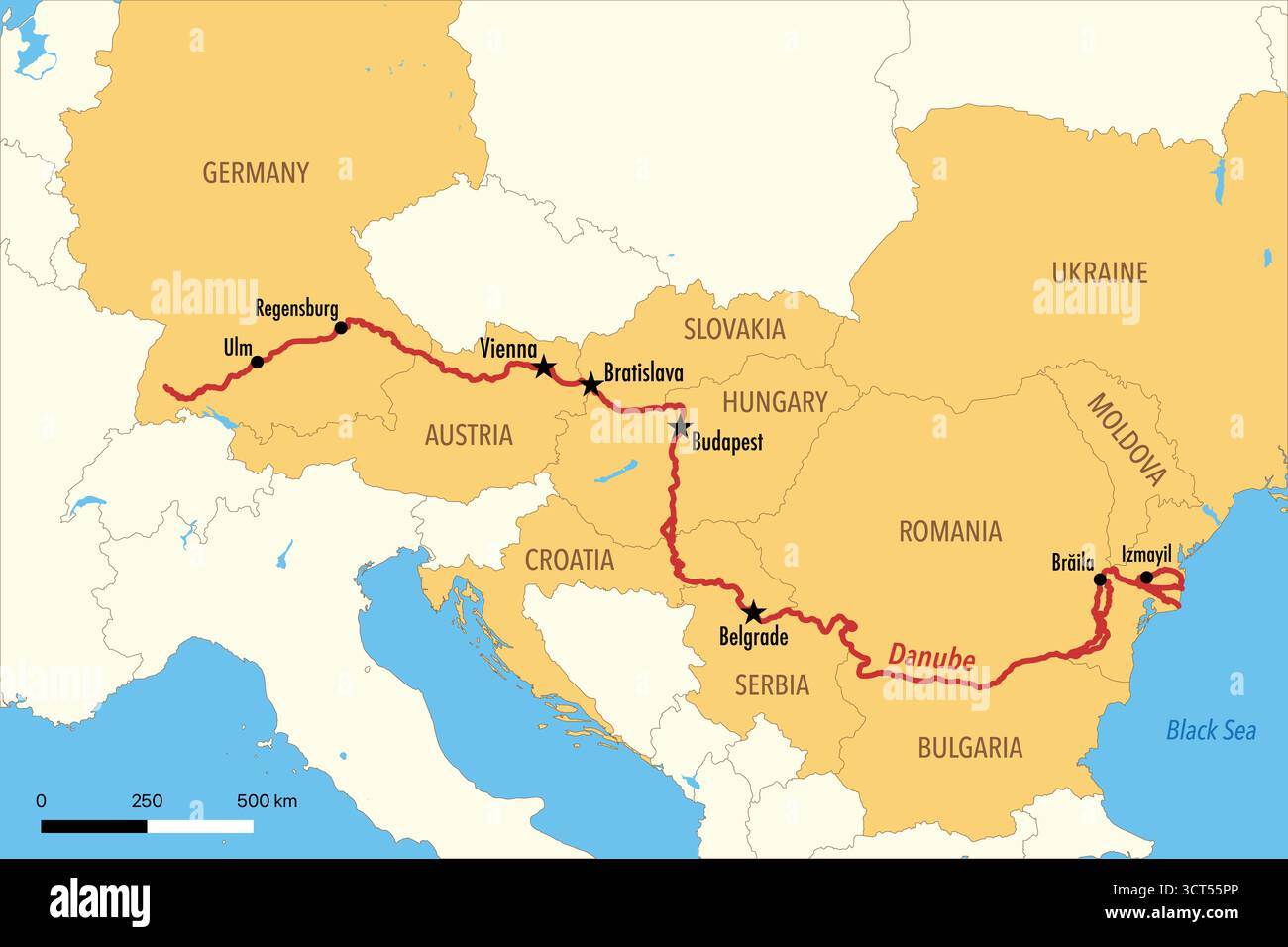 Mappa vettoriale del corso del Danubio dalla sorgente al Mar Nero con i paesi e le principali città Illustrazione Vettoriale