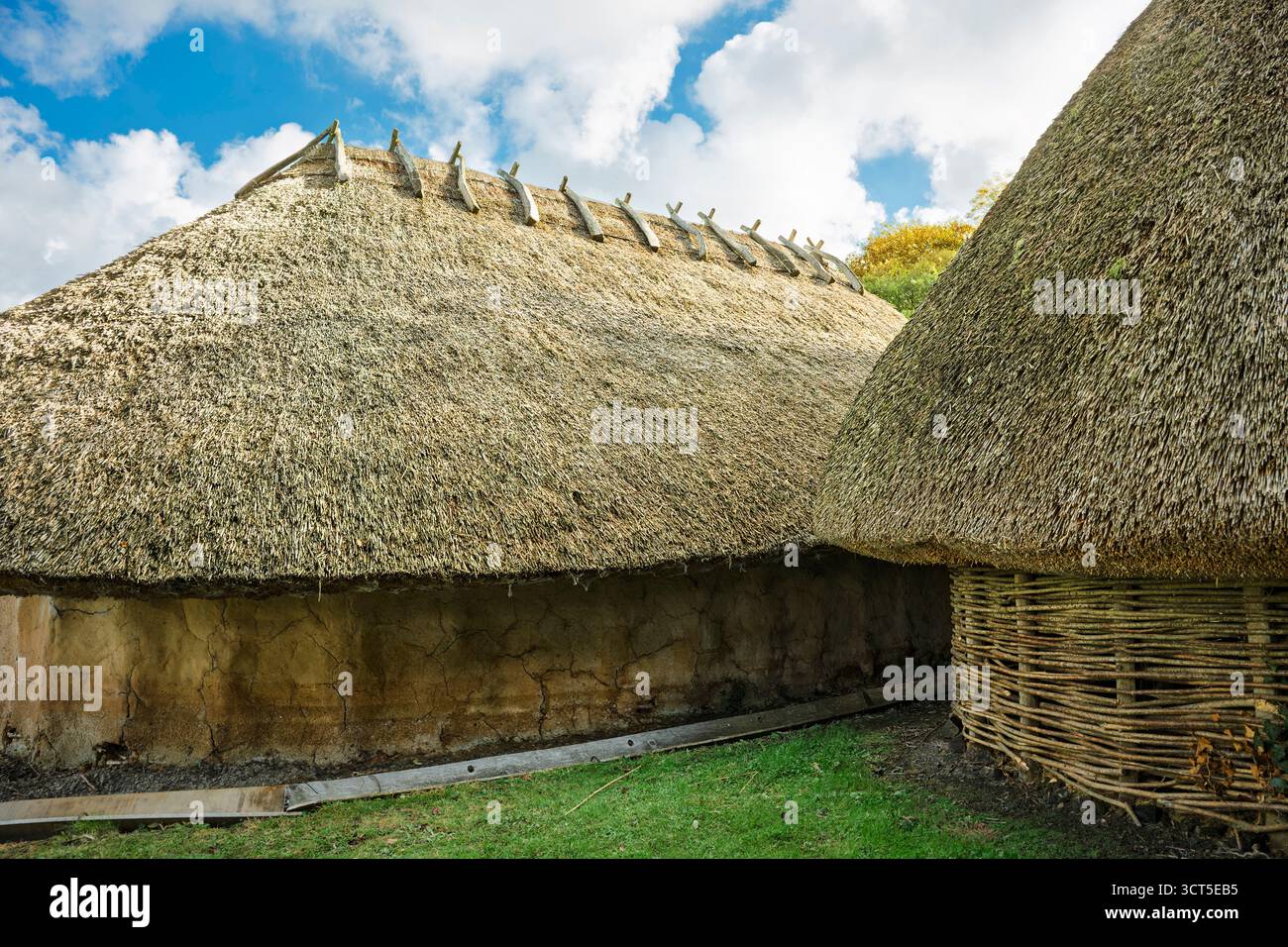 Vista a livello dell'occhio di un insediamento vichingo con case rotonde e case longhouse vicino al fiume, nel primo pomeriggio autunnale. Foto Stock
