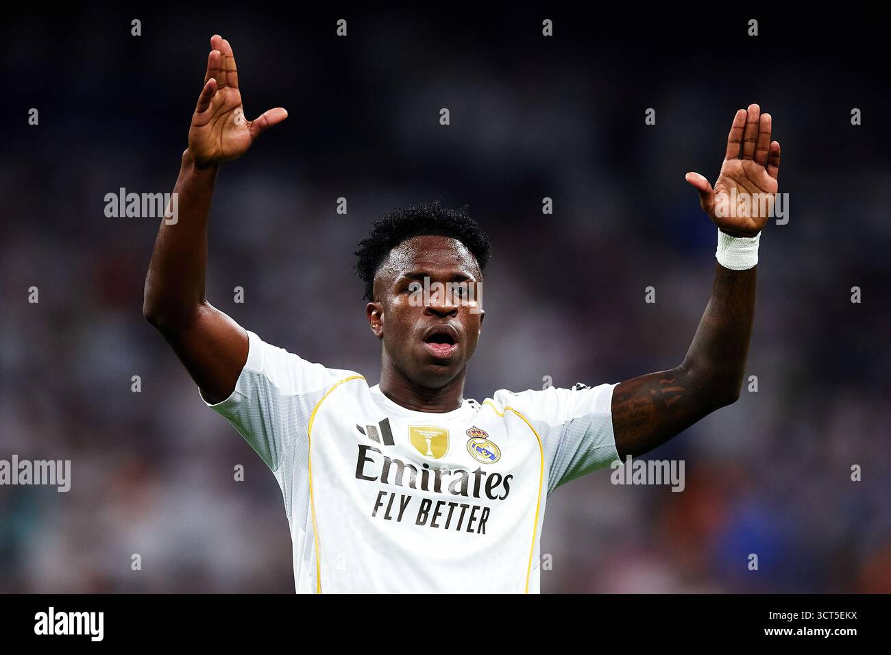 MADRID, SPAGNA - 04 OTTOBRE: Vinicius Junior del Real Madrid festeggia dopo aver segnato il primo gol della sua squadra durante la partita LaLiga EA Sports tra il Real Madrid CF e il Villarreal CF all'Estadio Santiago Bernabeu il 4 ottobre 2025 a Madrid, Spagna. (Foto di QSP) credito: QSP/Alamy Live News Foto Stock