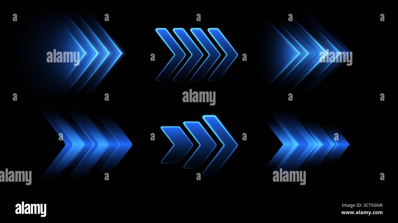 Frecce blu brillanti, puntatori dinamici, concetto di movimento rapido. Illustrazione Vettoriale
