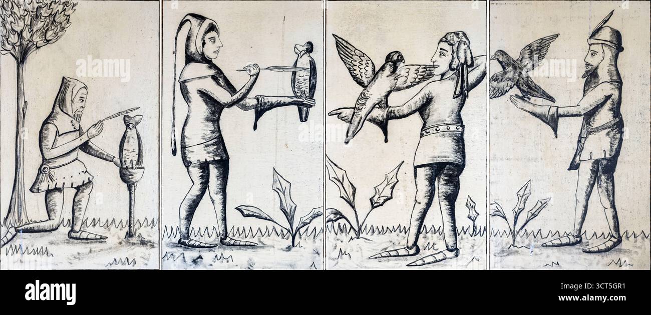 Disegno sequenziale in bianco e nero di falconieri con uccelli, lure e guanti, addestramento e manipolazione della falconeria, Irish National Heritage Park, Wexford Foto Stock