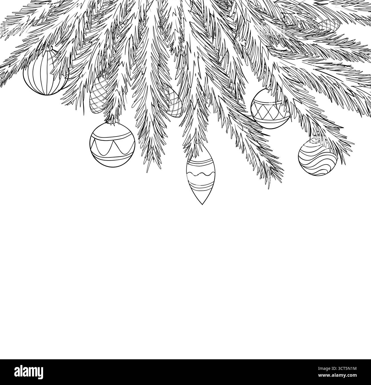 Bellissime sfere di Natale bianche e nere appese su un ramo dell'albero di Natale. Illustrazione Vettoriale