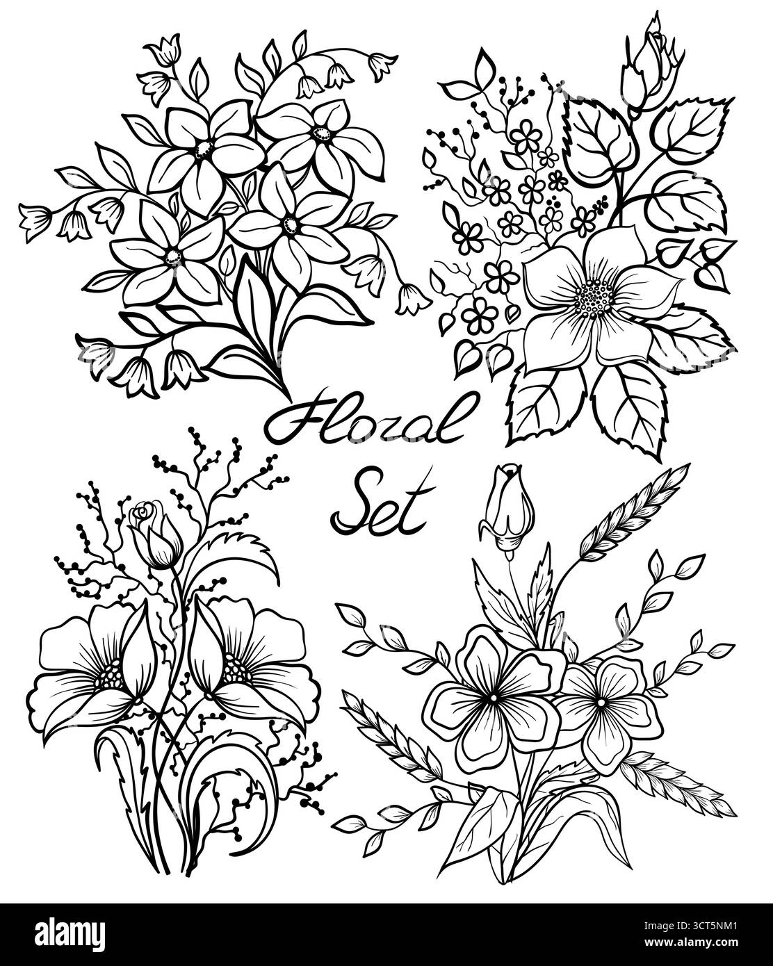 Splendida collezione floreale monocromatica in bianco e nero con foglie e fiori. Illustrazione Vettoriale
