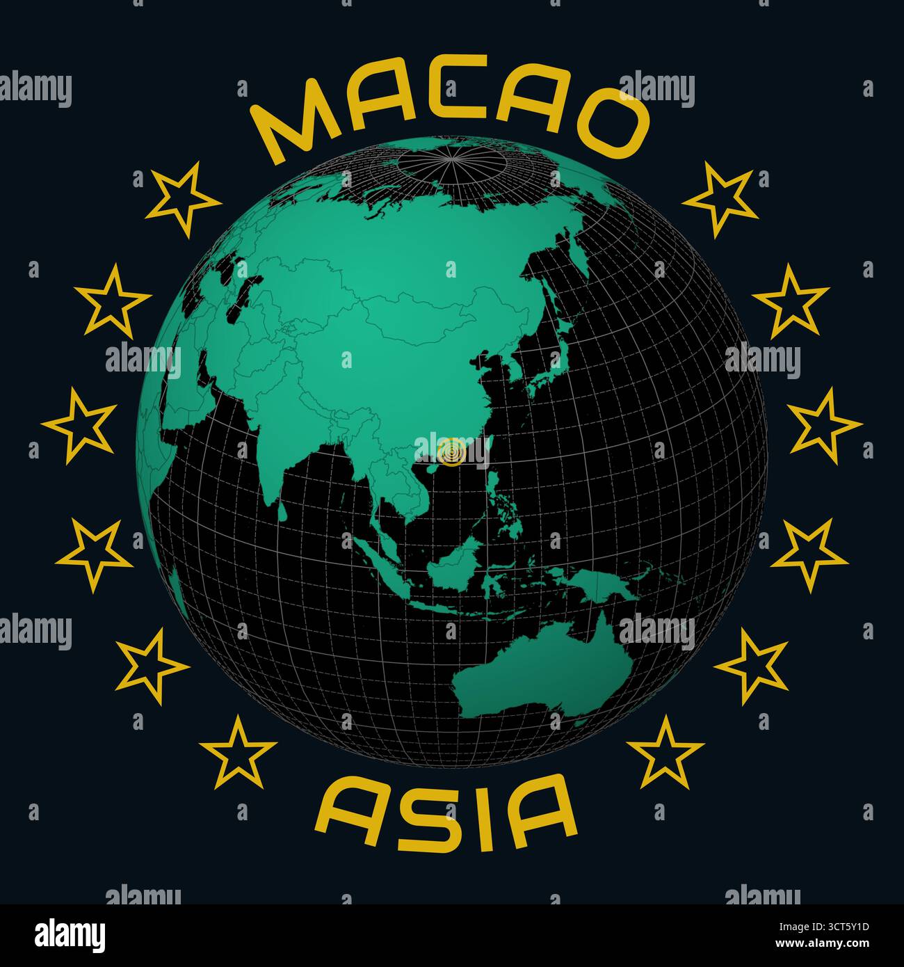 Regione amministrativa speciale di Macao, Repubblica popolare cinese su Globe. Arrotondare il testo del nome del paese e del continente. Illustrazione Vettoriale