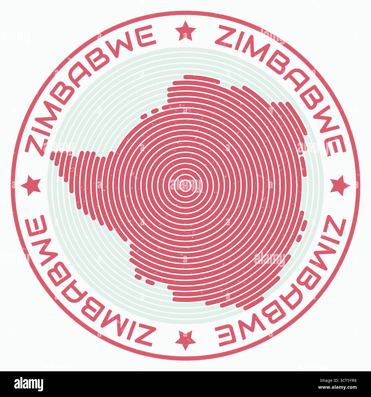 Mappa dello Zimbabwe con titolo rotondo. Anelli a forma di paese. Testo dello Zimbabwe intorno alla forma del confine del paese. Illustrazione vettoriale moderna. Illustrazione Vettoriale