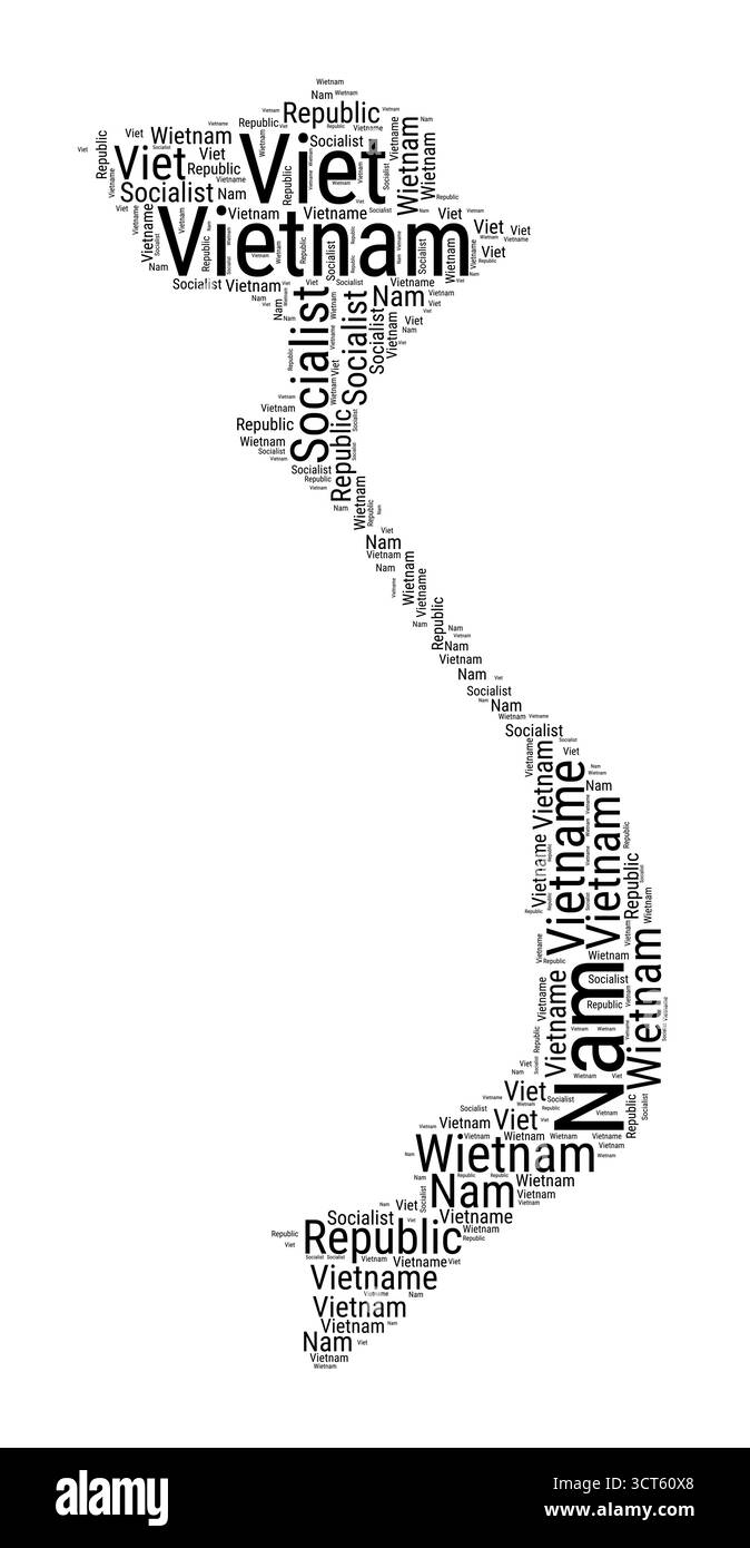 Nuvola di parole in bianco e nero a forma di Vietnam. Semplice illustrazione del paese in stile tipografico. Illustrazione Vettoriale