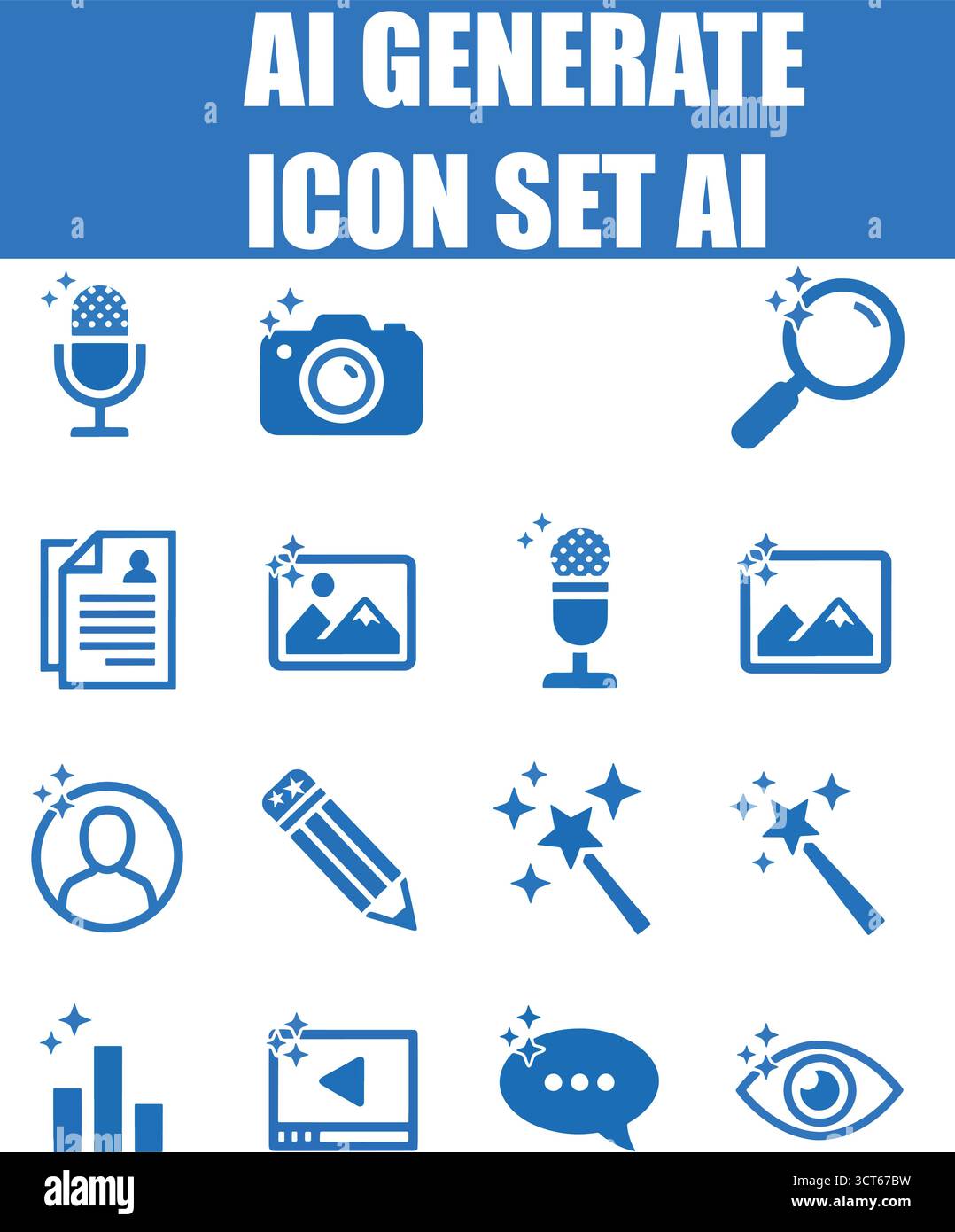 Set di icone generate DALL'INTELLIGENZA ARTIFICIALE - simboli di stelle scintillanti, strumenti di assistenza e pulsanti app per l'intelligenza artificiale Illustrazione Vettoriale