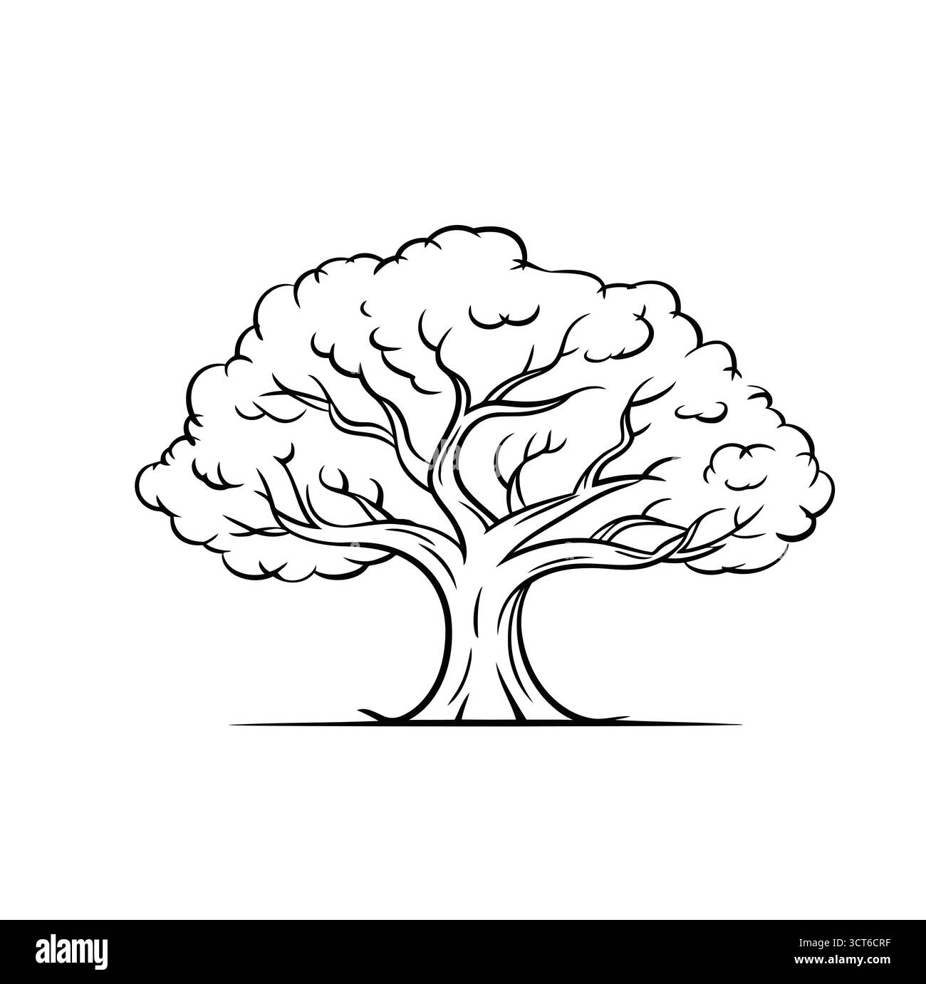 Disegno minimalista in bianco e nero di un albero stilizzato con rami frondosi e linea di terra isolata su sfondo bianco Illustrazione Vettoriale