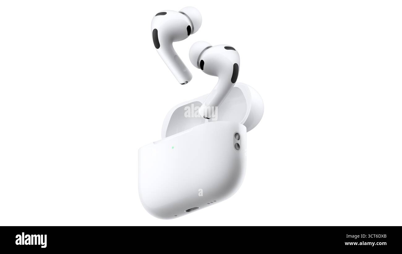 Primo piano degli auricolari wireless Apple AirPods 3 a Riyadh, Arabia Saudita, con design moderno e custodia di ricarica. Foto Stock