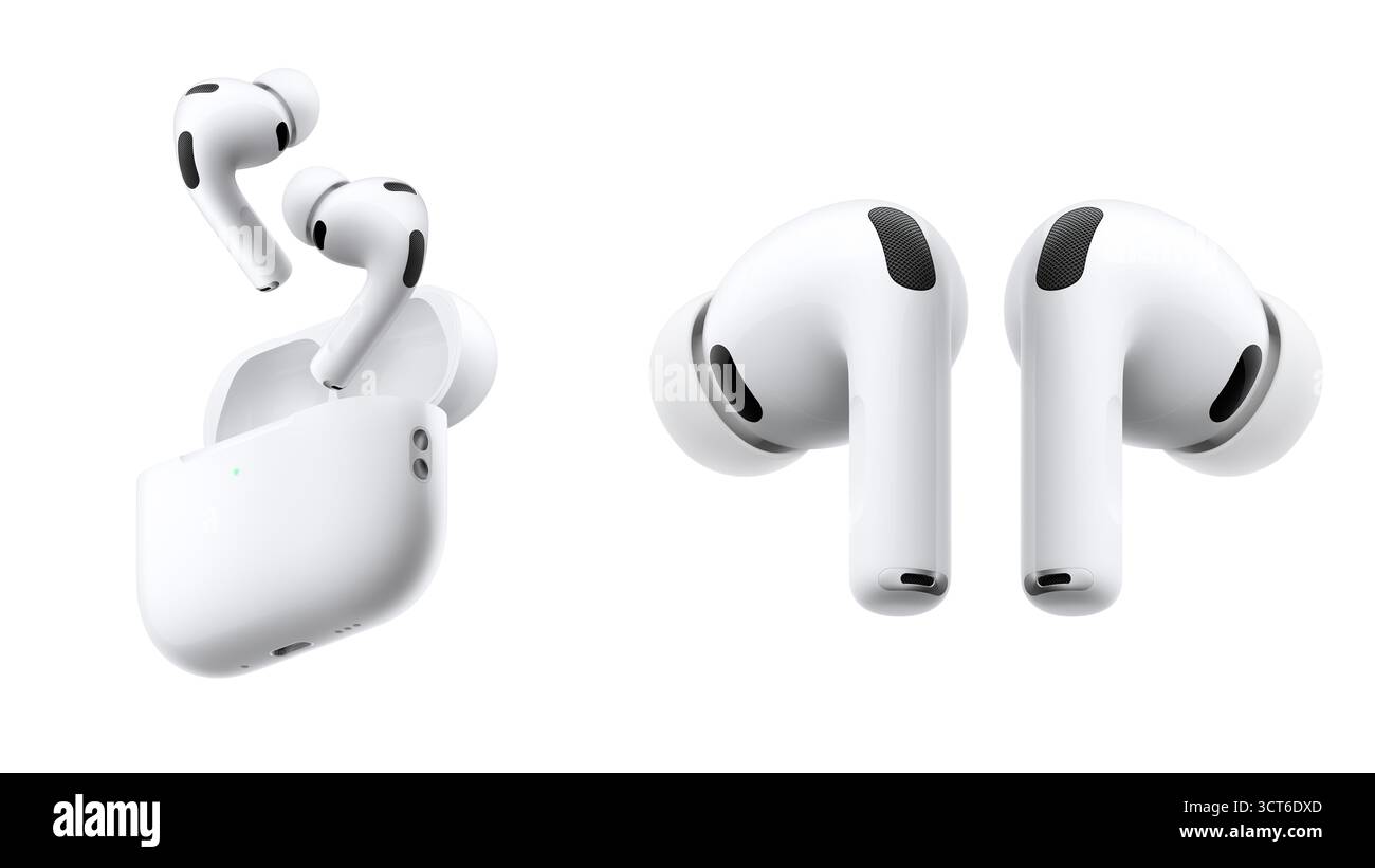 Primo piano degli auricolari wireless Apple AirPods 3 a Riyadh, Arabia Saudita, con design moderno e custodia di ricarica. Foto Stock