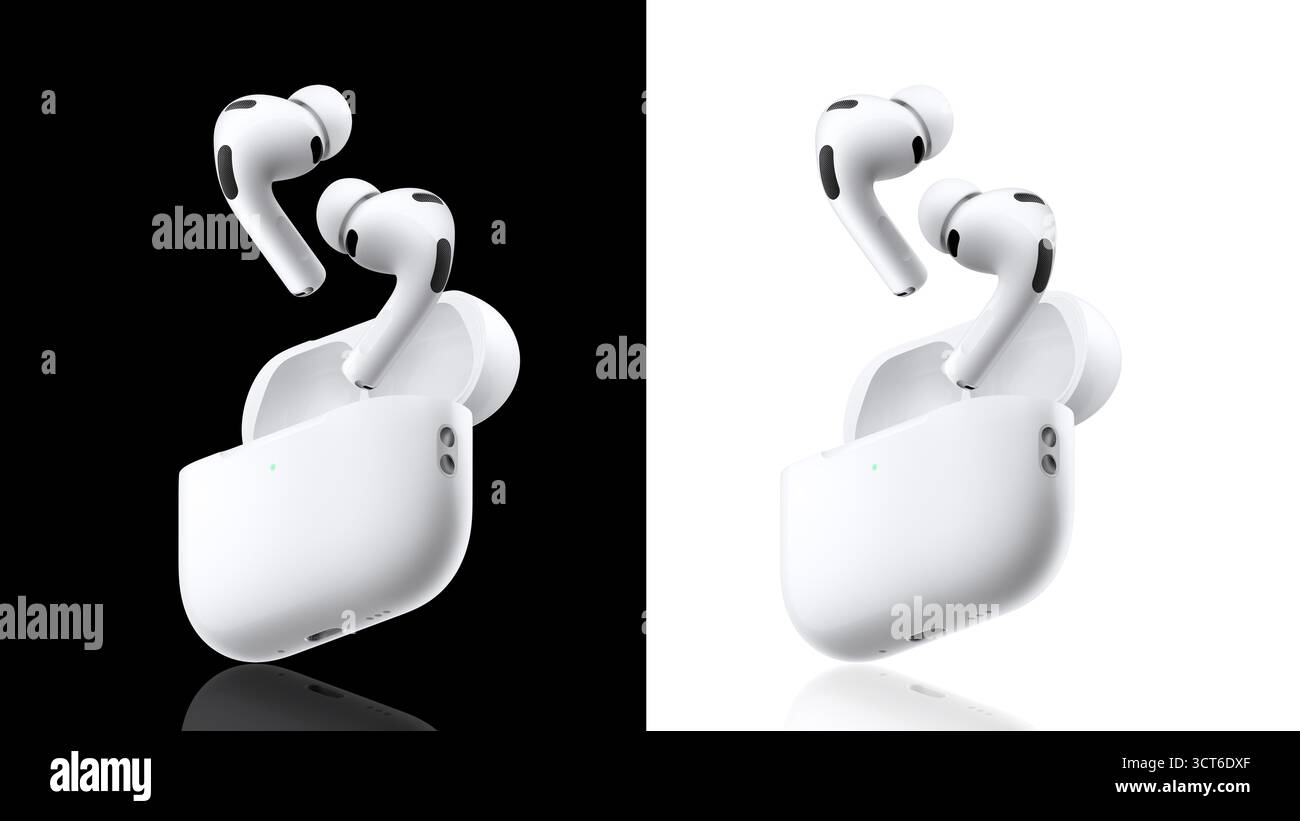 Primo piano degli auricolari wireless Apple AirPods 3 a Riyadh, Arabia Saudita, con design moderno e custodia di ricarica. Foto Stock