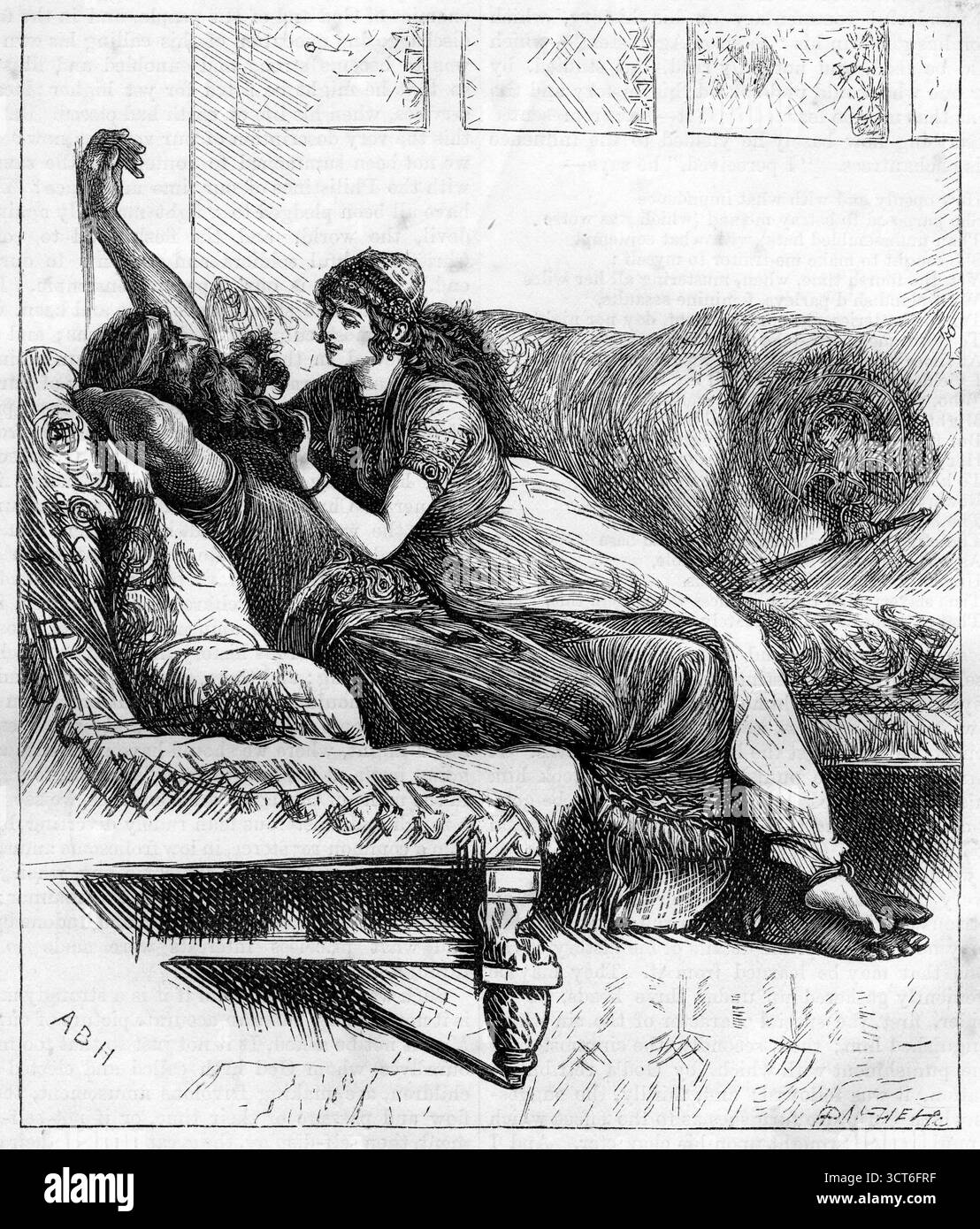 Incisione di Delilah che interrogava Sansone sul segreto della sua forza, intorno al 1860 Foto Stock