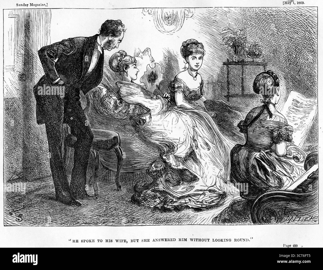 Incisione di una famiglia inglese con una conversazione fredda tra il marito e la moglie, pubblicato nel 1864 Foto Stock Incisione di una famiglia inglese con una conversazione fredda tra il marito e la moglie, pubblicato nel 1864 Foto Stock