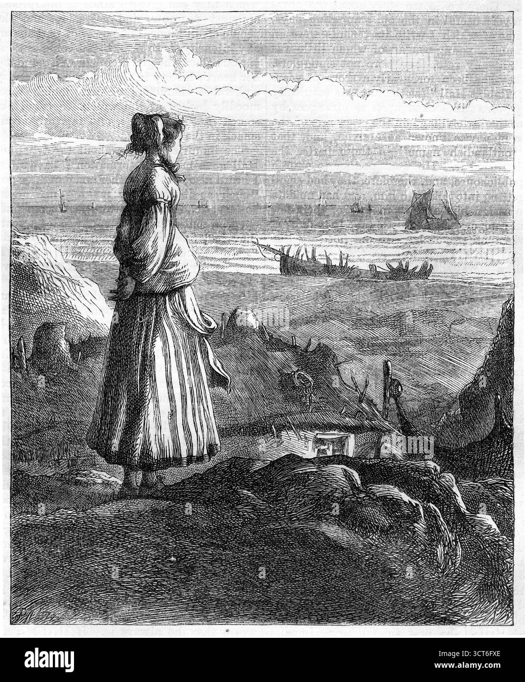 Incisione di una giovane signora che guarda per la sua nave, pubblicato nel 1864 Foto Stock