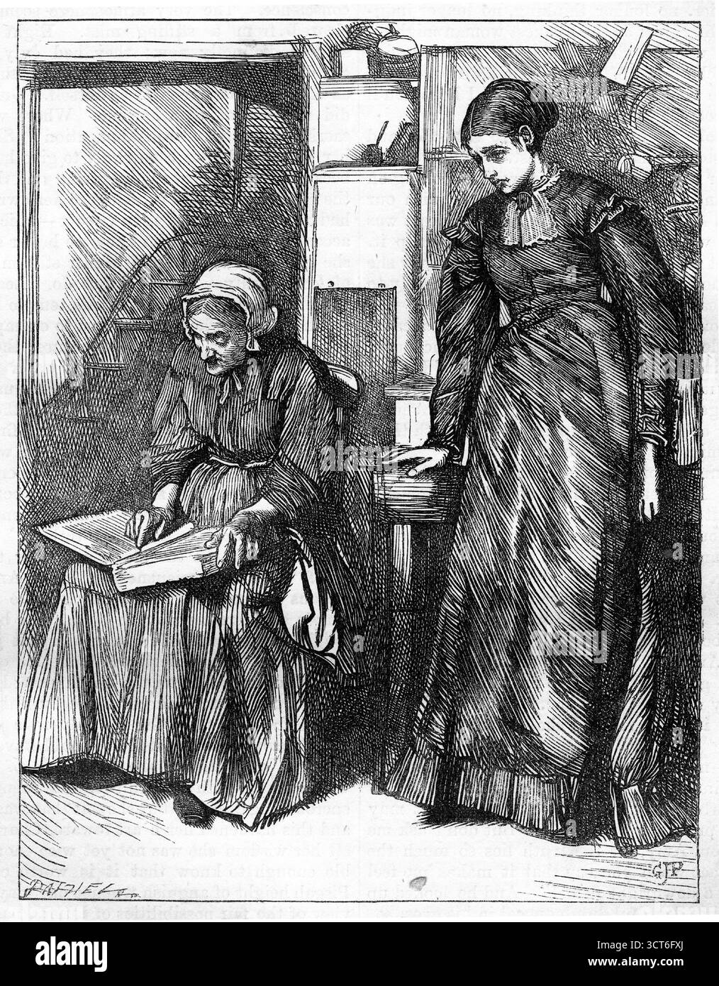 Incisione di una donna anziana che legge la Bibbia a una giovane donna a casa loro, pubblicata intorno al 1864 Foto Stock