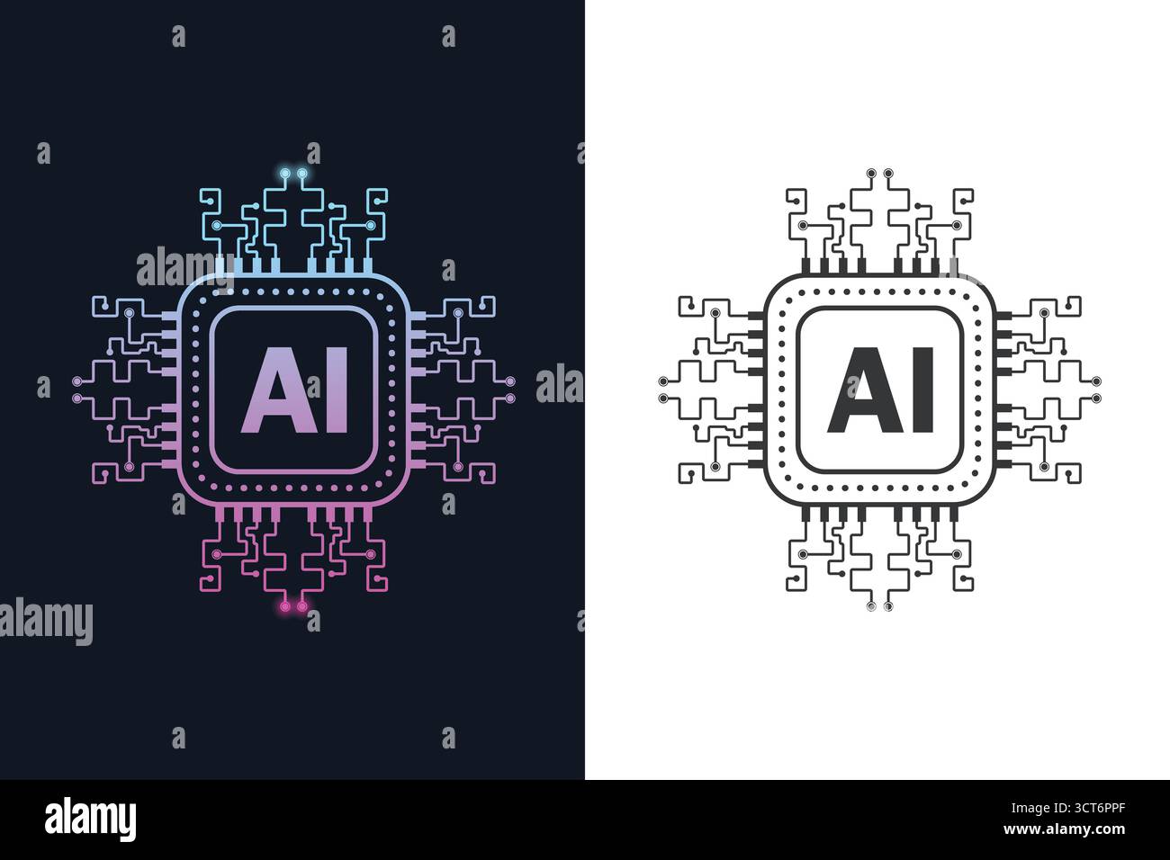 Icona AI Microchip – progettazione di circuiti a due tonalità per il branding e l'innovazione tecnologica. Chip digitale della scheda madre ai Illustrazione Vettoriale
